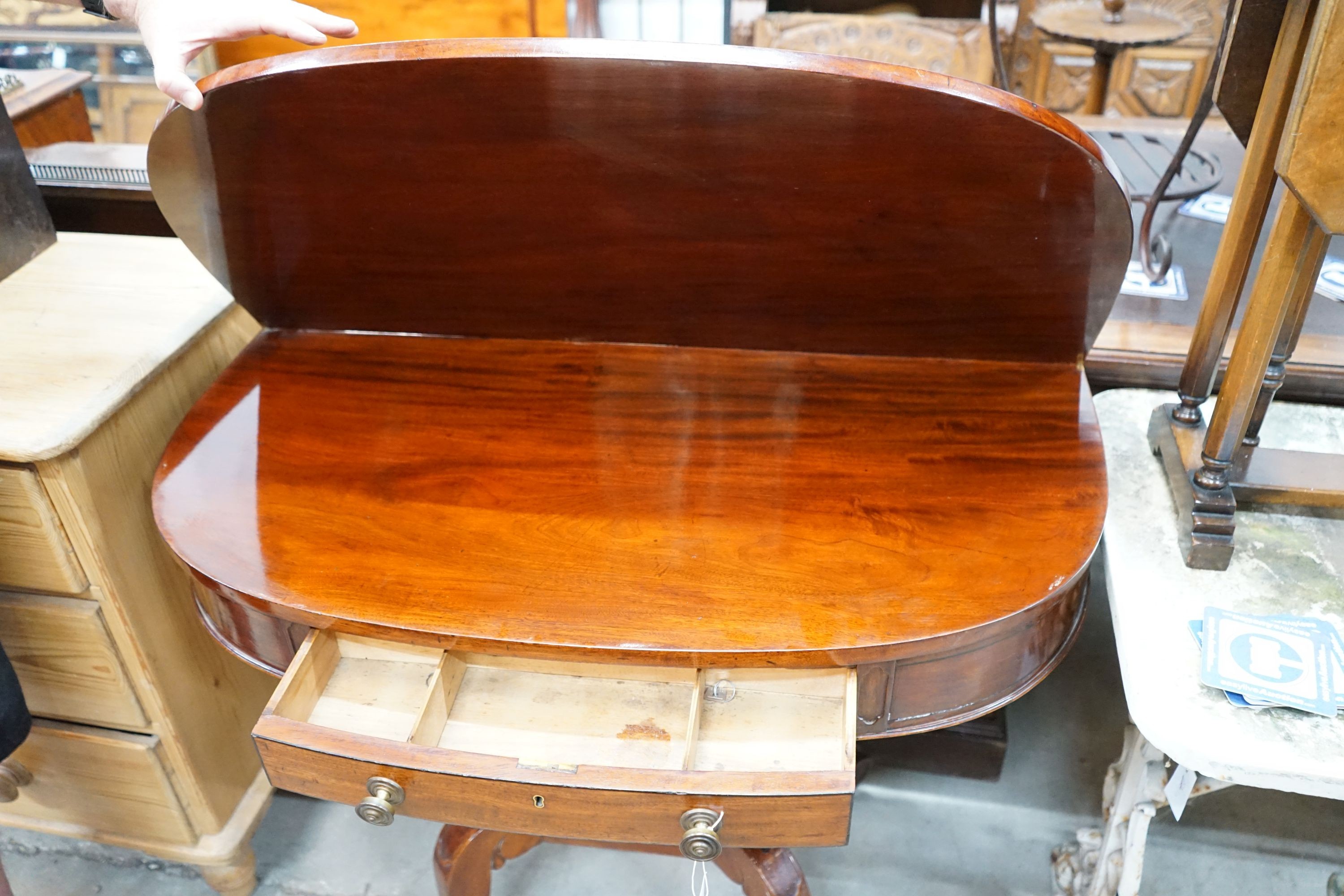 A 19th century continental 'D' shaped folding tea table, width 96cm, depth 49cm, height 78cm